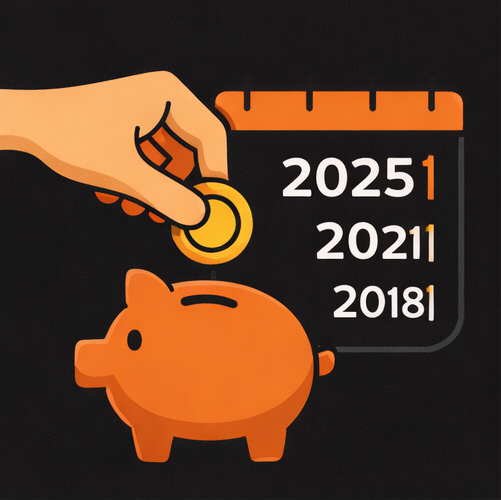 A calendar flips rapidly, showing different years (2015, 2018, 2021, 2025). A hand drops a coin labeled "BTC" into a piggy bank each year.